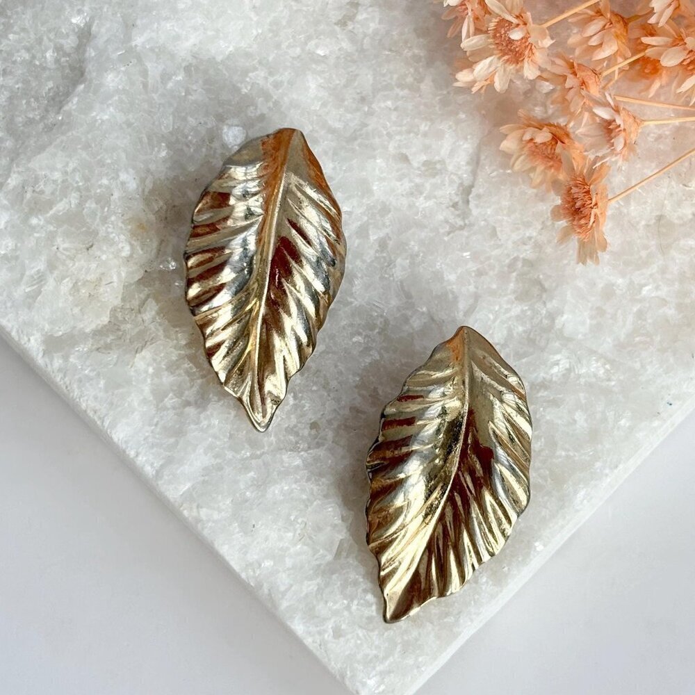 Vintage Gold Toned Leaf Shaped French Made Louis Feraud Clip On Earrings